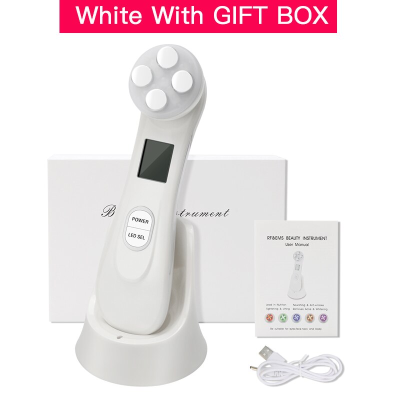 LED Photon Face Skin EMS Mesotherapy Electroporation RF Radio Frequency Facial Skin Care Device Face Lift Tighten Beauty Machine: White With Box