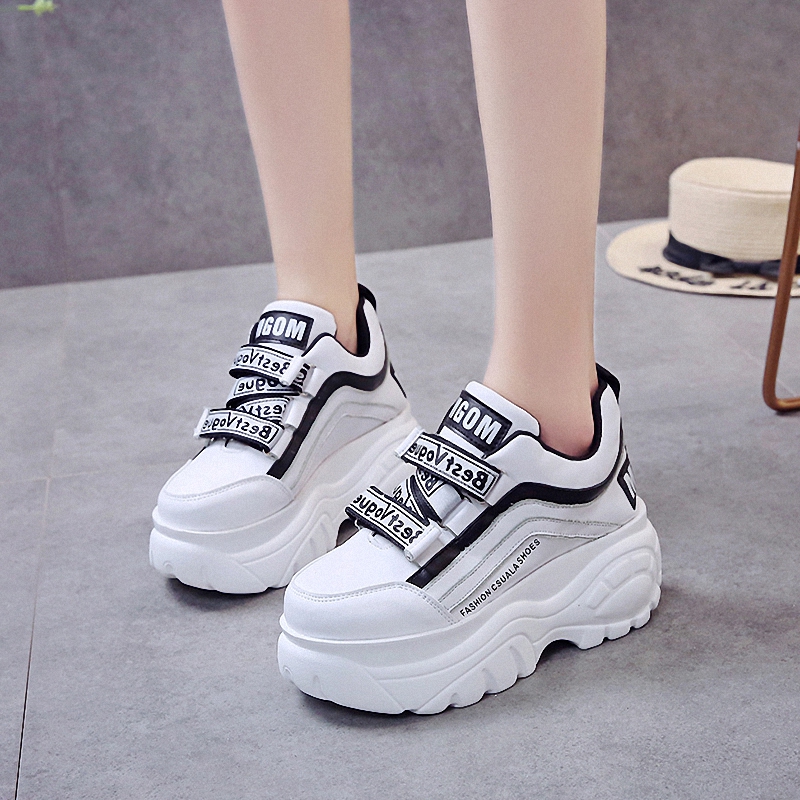 Women's Platform Sneakers - 7cm Heel Height - PU Leather - Lace-Up - Height Increasing Sport Shoes