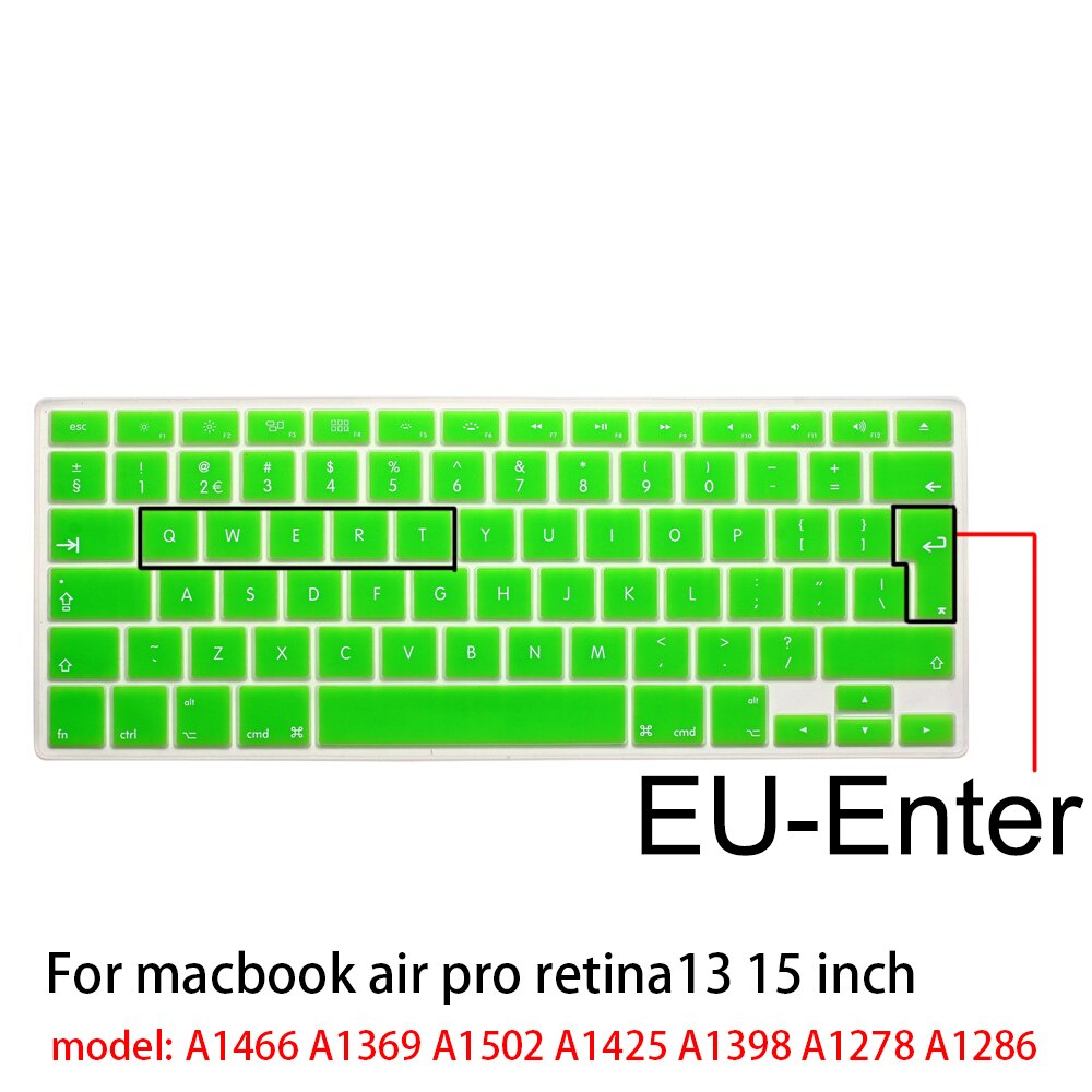Dla Apple naklejki pokrywa klawiatury laptopa silikonowy futerał kolor silikonowy Film ue/usa dla macbook pro13/15 air13 A1278A1398A1466/1502: EU-enter green