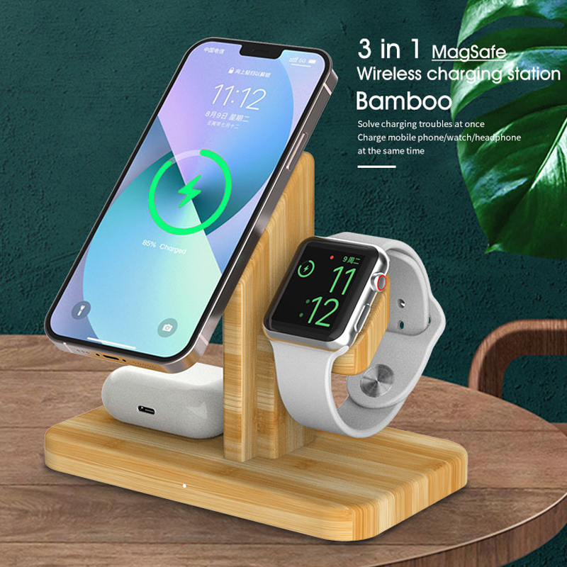 Bamboo 3 in 1 iPhone Wireless Charging Station 15W Charger Stand Dock for iPhone 14/13/12/11 iWatch se7/6/5/4 Airpods 4/3/2