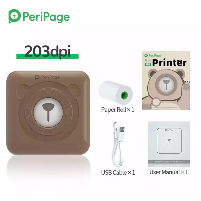 Peripage Portable Pocket Mini Photo Thermal Printer Wireless Sticker Printing Machine Free APP Support Multi-Language For Phone: Brown Printer
