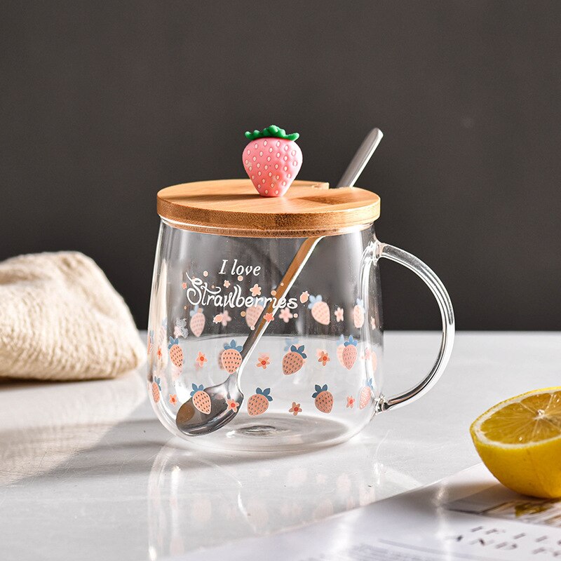 Spoon with lid cartoon strawberry cute water cup transparent cup drinking borosilicate cup coffee milk juice drink cup: A