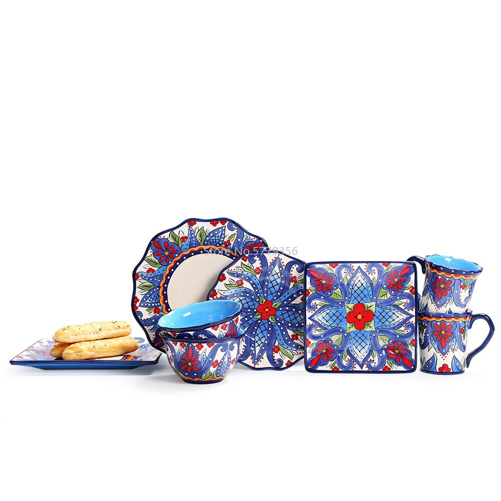 European Ceramic Tableware Set A Hand-painted Large Western Steak with A Side Plate and A Square Plate of Cutlery