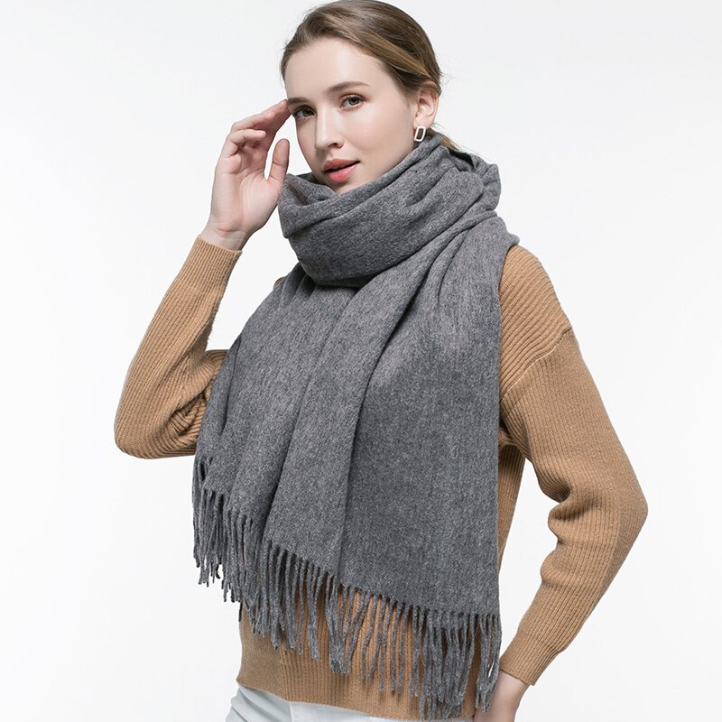 Efterår visne uld tørklæde kvinder tykkere varme echarpe wraps damer cashmere foulard femme solid kamel fine uld tørklæder: Grå