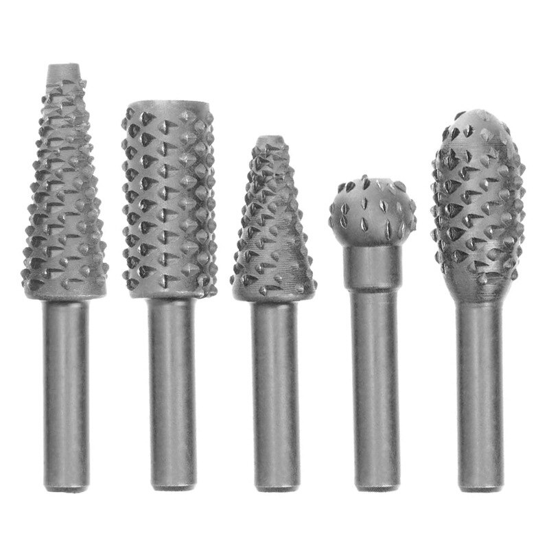 5pcs Steel Rotary Rasp File 1/4" Shank Rotary Craft Files Rasp Burrs Wood Bits Grinding Power Woodworking Hand Tools Drill Bits: Grey
