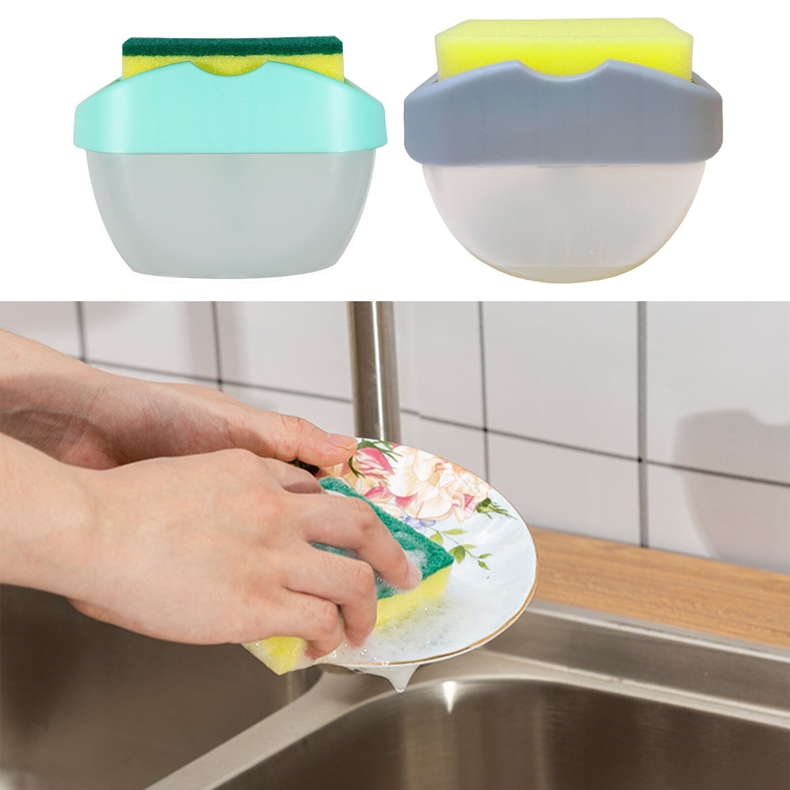 Soap Dispenser with Sponge Holder Cleaning Liquid Container Manual Press Organizer Kitchen Cleaner Tool Clean Detergent Semen Bo