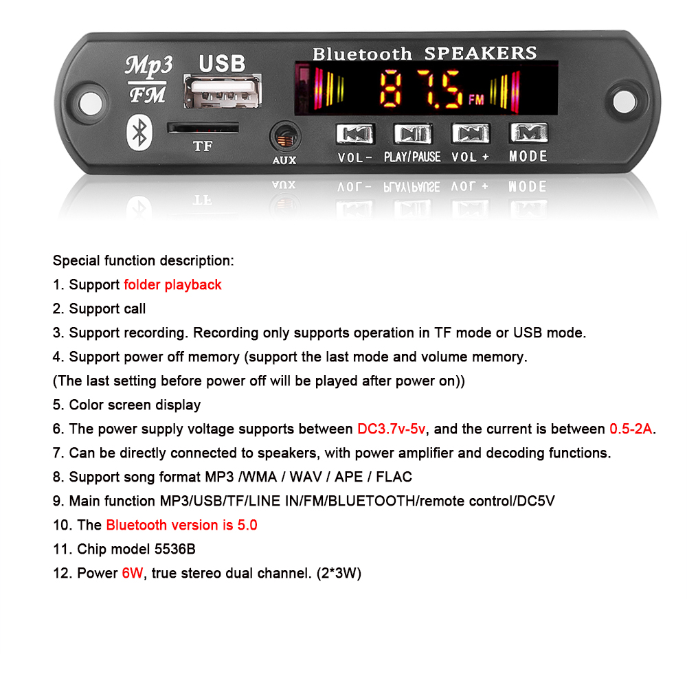 Vivavoce 50W amplificatore MP3 scheda di decodifica schermo a colori DC 12V Bluetooth V5.0 lettore MP3 per auto modulo di registrazione USB FM AUX Radio: Rosso