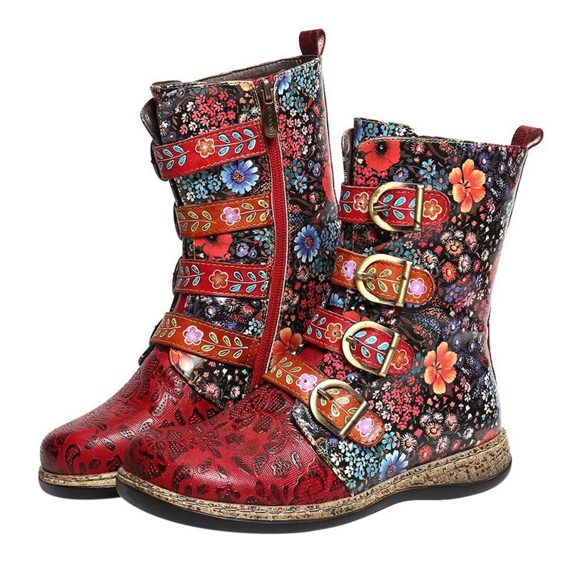 Socofy, botas para Mujer, estampado Retro, hebilla de Metal, cuero suave, cremallera, Botines, botas para Mujer: Rojo / 39