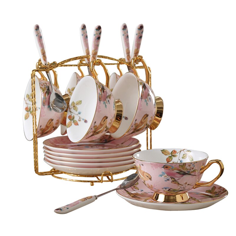 Pastoral fugl benporcelæn tekopsæt skeer europæisk porcelæn kaffekop 200ml kopper bakke kaffekop festglas  wj111454