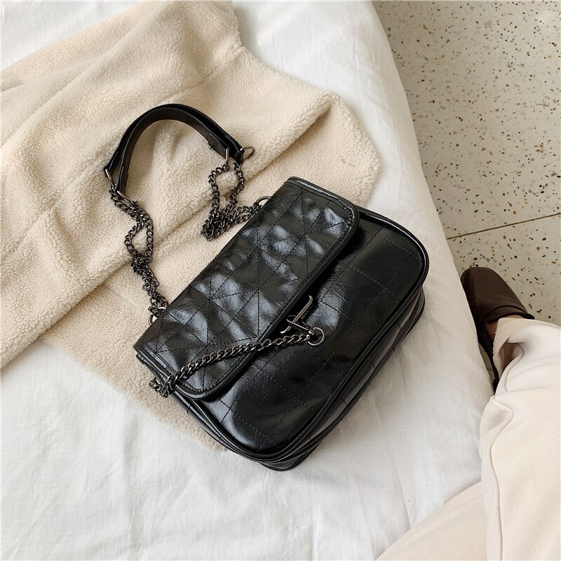 Sac à main Vintage pour femme, fourre-tout de bonne en cuir PU, sacoche à épaule avec chaîne,: Black