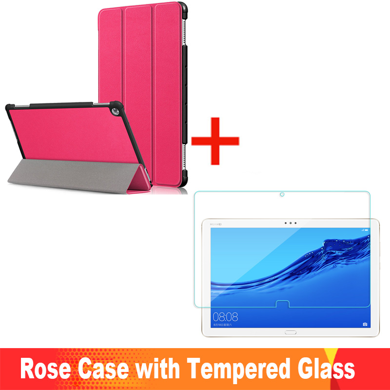 Para Huawei MediaPad M5 Lite funda 10 BAH2-W19/L09/W09 Ultra delgada Pu cuero Smart Stand cubierta para media Pad M5 Lite 10,1": Rose Case add Glass