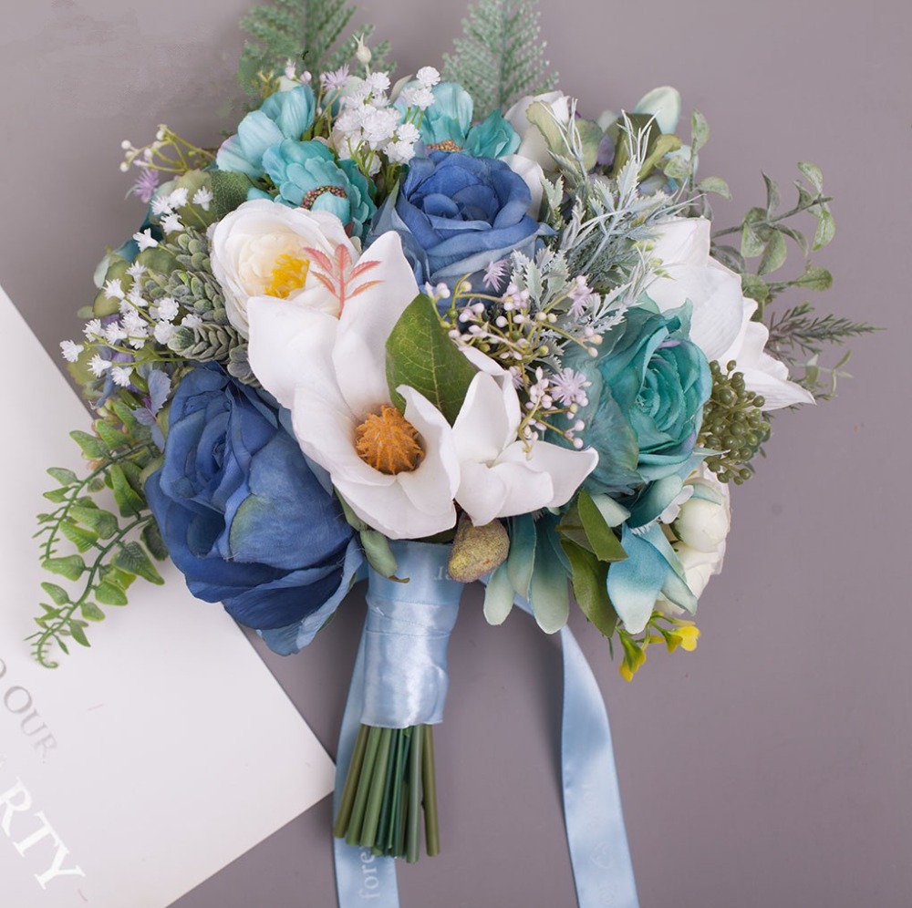 JaneVini Elegante Land Stijl Blauw Bruids Zijde Rozen Bruidsboeketten Ramos Flores Kunstbloemen Buket voor Bruiloft