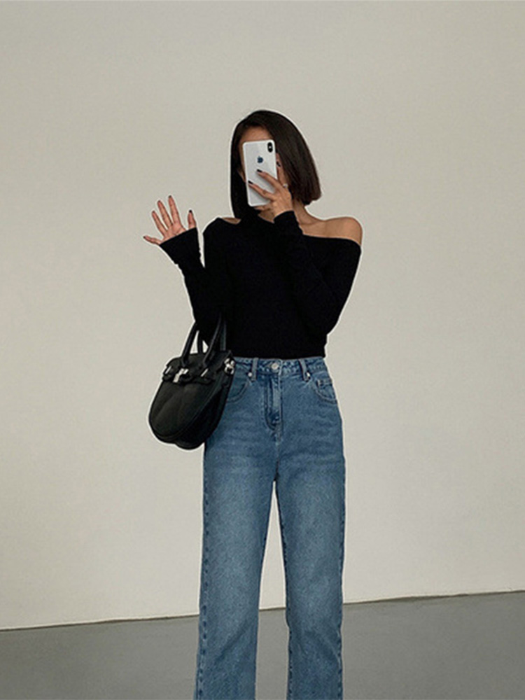 T-shirts med skæv krave og off-shoulder-ærmer til kvinder, forårssolid, slim fit, crop top, sexet, udhulet t-shirt