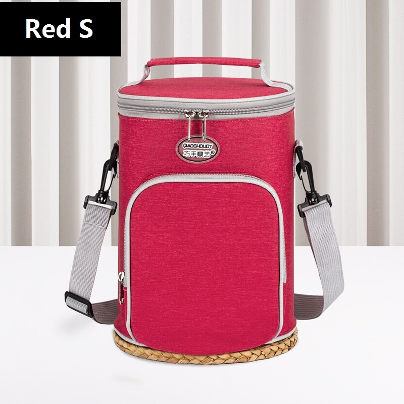 Cylindrical Lunch Box Cooler Bag Picnic Waterproof Oxford Aluminum Foil Food Refrigerator Car Camping Thermal Insulation Bags: Red S