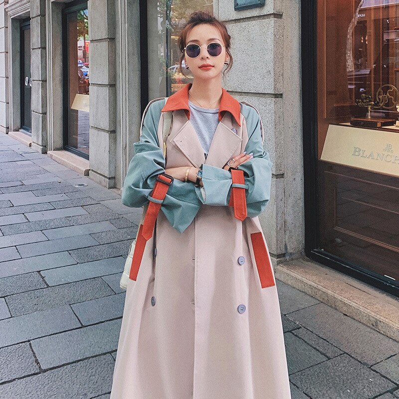 Women Coat Long Jacket Autumn Winter Korean Sweet Full Long Turn-down Collar Spliced Double Breasted Coats: long coat / XL