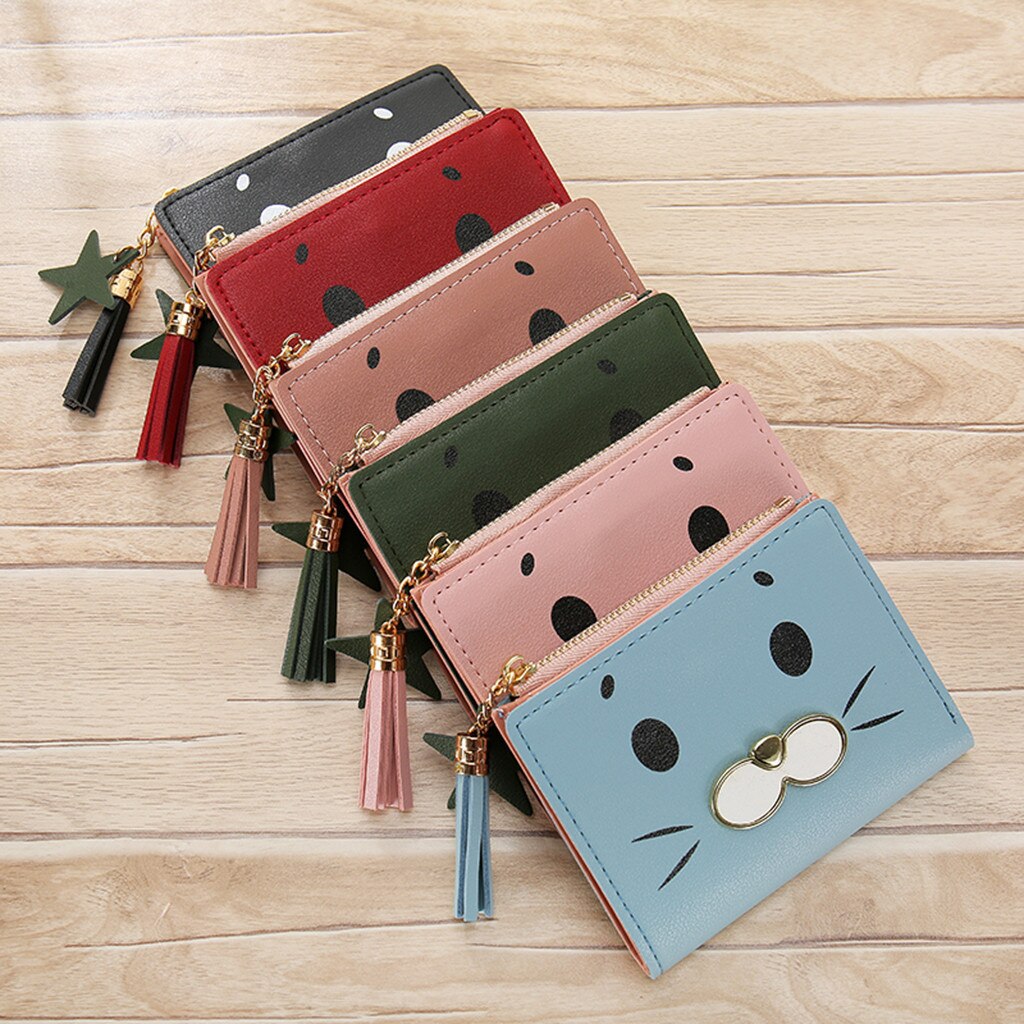 Mini Cute Cat Womens Tassle Wallets Purses Short Female Coin Purse Credit Card Holder Ladies Outdoor Travel Cluth Bag