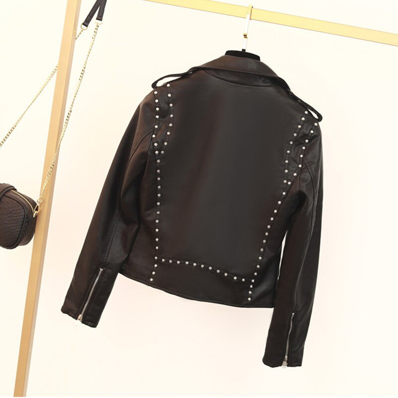 Chaqueta de piel para mujer, chaqueta de piel negra de imitación estrecha con remaches y cremallera, chaquetas de piel para mujer, chaqueta de motociclista con tachuelas de Pu para mujer, prendas de vestir