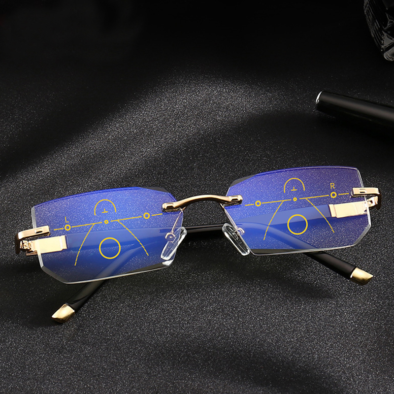 SOOLALA Rimless Progressive Glasses Multifocal Reading Eyeglasses Anti Blue Light Glasses Diamond Cutting Presbyopic Spectacles
