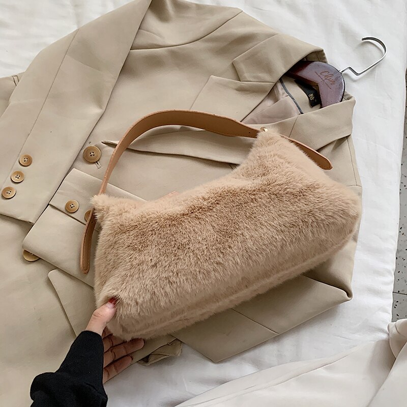 femme sac fourre-tout nouvelle doux en peluche femmes sac à main de créateur couleur unie décontracté sac à aisselles sac de voyage: Khaki