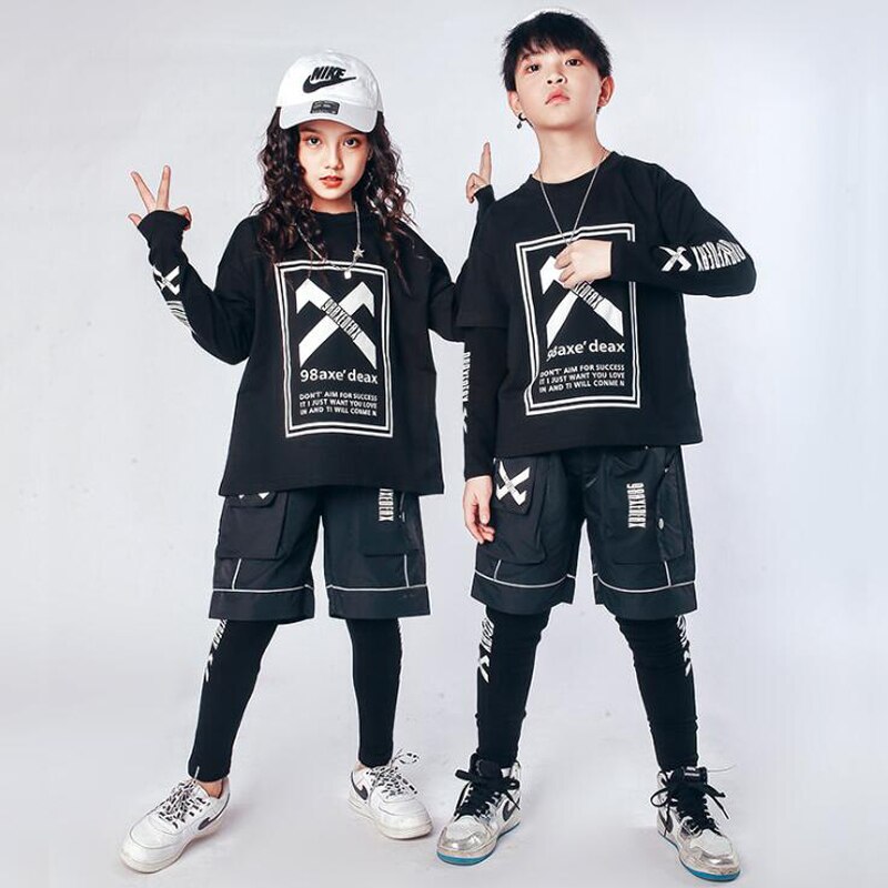 Ropa de baile de Hip Hop para niños, sudadera holgada, Tops, ropa de calle, pantalones cortos, ropa de baile, disfraz, 3 piezas