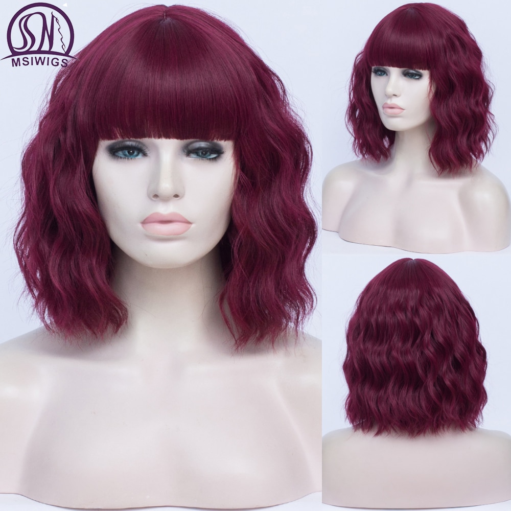 MSIWIGS-Peluca de cabello ondulado corto con flequillo para mujer, peluca completa sintética barata, color negro, fibra resistente al calor, marrón, falsa