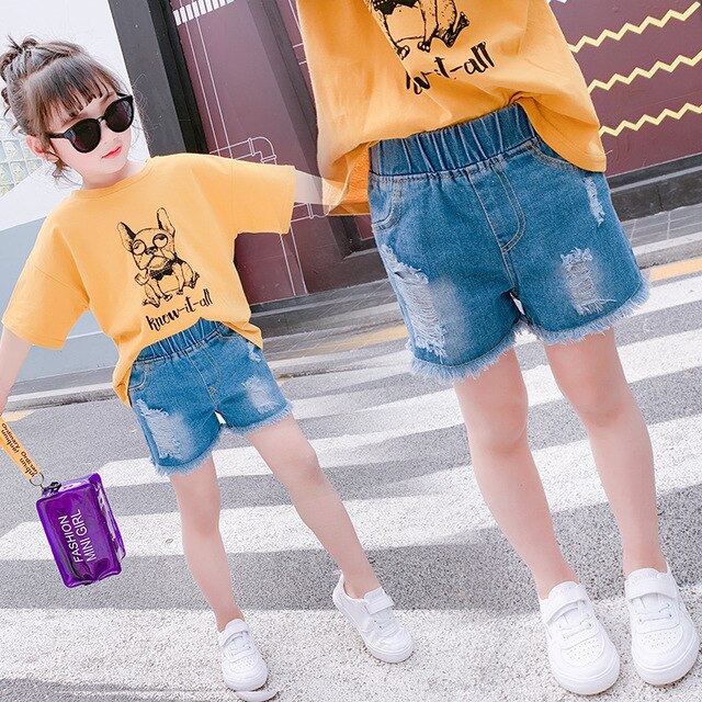Summer 3-12 year old girl denim shorts sports hole Korean casual denim shorts for children girls