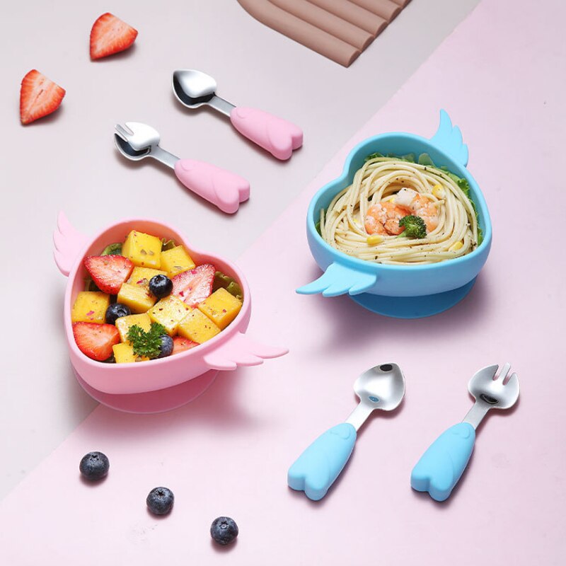 3Pcs/set Baby Silicone Bowl Infant Food Grade Complementary Feeding Tableware Set Baby Toddler Training Spoon Fork Set with Box