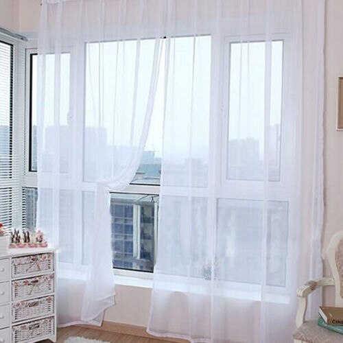 Farverig tyl voile dør drapere panel gennemsigtigt tørklæde skillevæg mørklægningsgardiner tørklæde kapper værelse gardiner til moderne boligindretning: Hvid