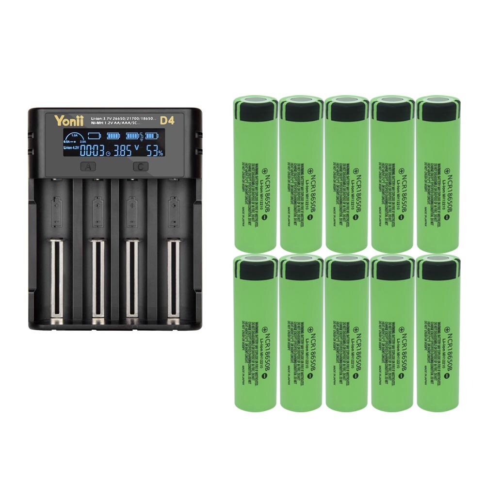 Jouym 4/8 Stuks 18650 Batterij Met Acculader 3.7V 3400 Mah NCR18650B Li-Ion Lithium Oplaadbare Batterijen 18650 Cellen: 10xBattery 1xCharger