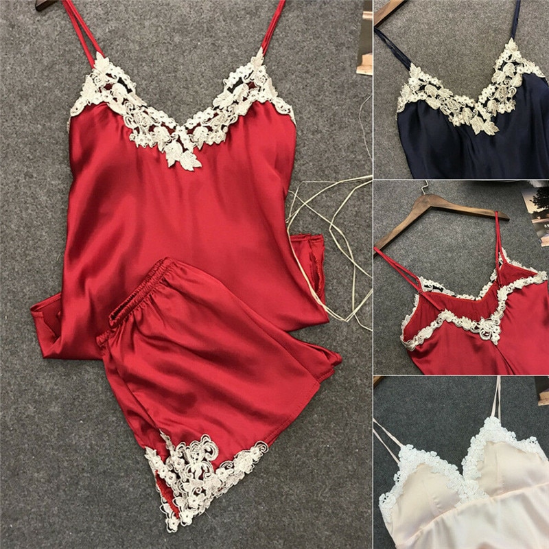 Ladies Sexy Silk Satin Pajama Set Lace Pajama Set Sleeveless Pajama Set V-neck Sleepwear Summer Home Wear Sleep Wear For Women