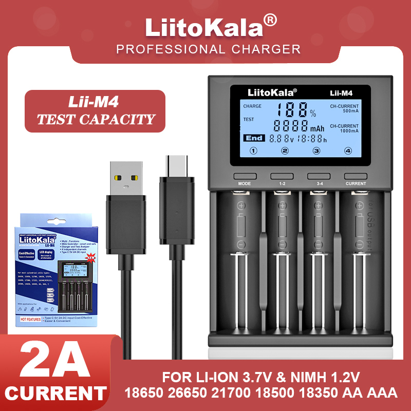 LiitoKala Lii-M4S 402 M4 18650 LCD Multifunctional Battery Charger For 3.7V 26650 21700 14500 Fast charging Smart Charger: Yellow
