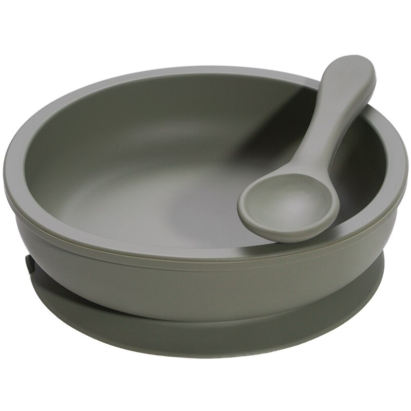 Bpa-vrij effen baby siliconen serviesset peuterveiligheidszuiger silicagel kom bord en lepel kinderkeukengereedschap: 009- salie