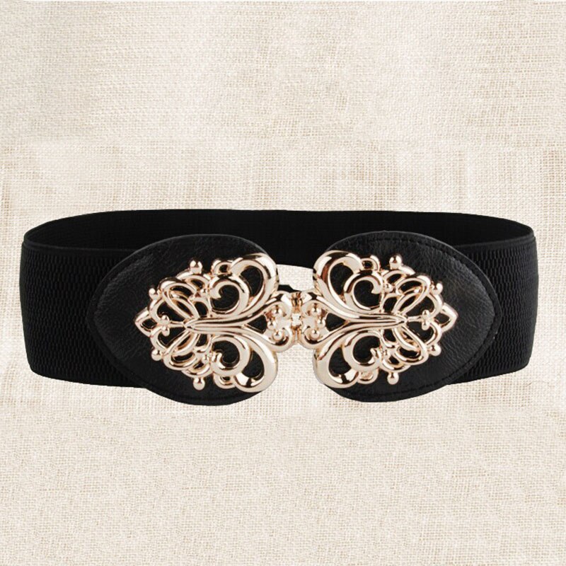21 types Women Elastic Wide Belt Thick Vintage Totem Print Stretch Leather Waist Belt For Dress Corset Cinch Waistband Z30: Black gold
