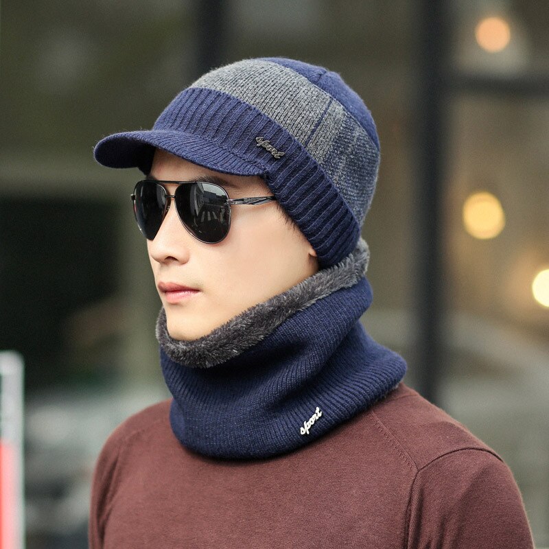 Herfst Winter Mannelijke Hoeden Sets Warm Gebreide Wollen Mutsen Sjaals Pak Jongen Cap Hals Kraag Dikke Pluche Mannen Hoed Sjaal 2 stuks Set: navy hat set