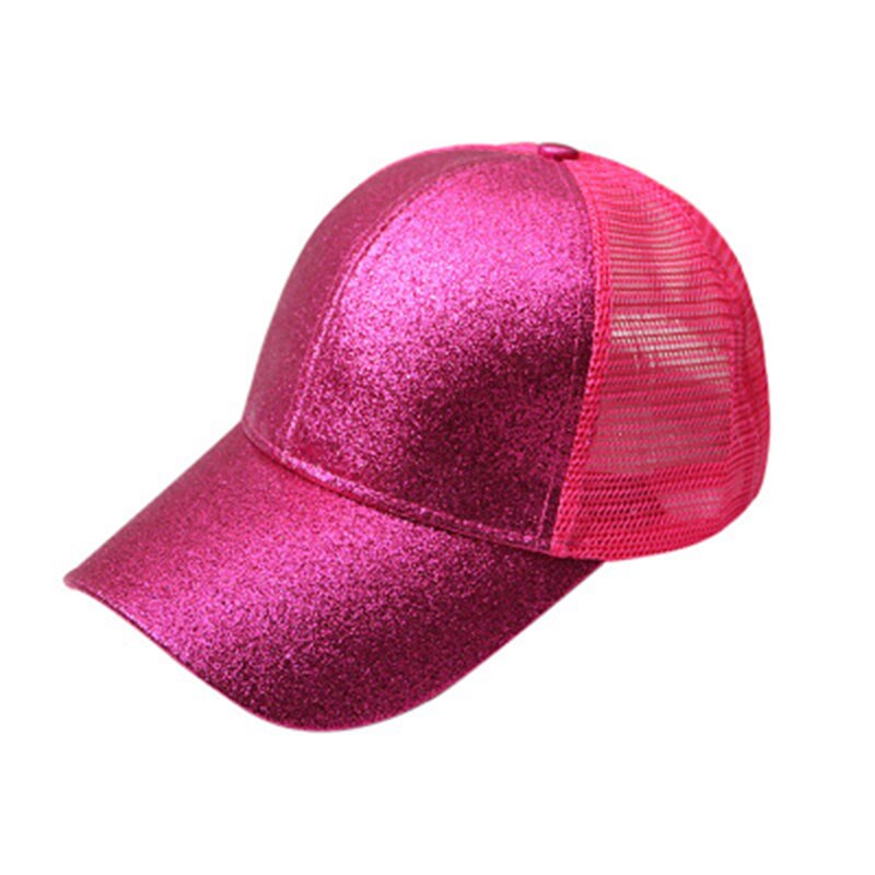 Esportes ao ar livre masculino e feminino lantejoulas fluorescente boné de beisebol abertura traseira rabo de cavalo glitter malha boné pato língua chapéu: Rose Red