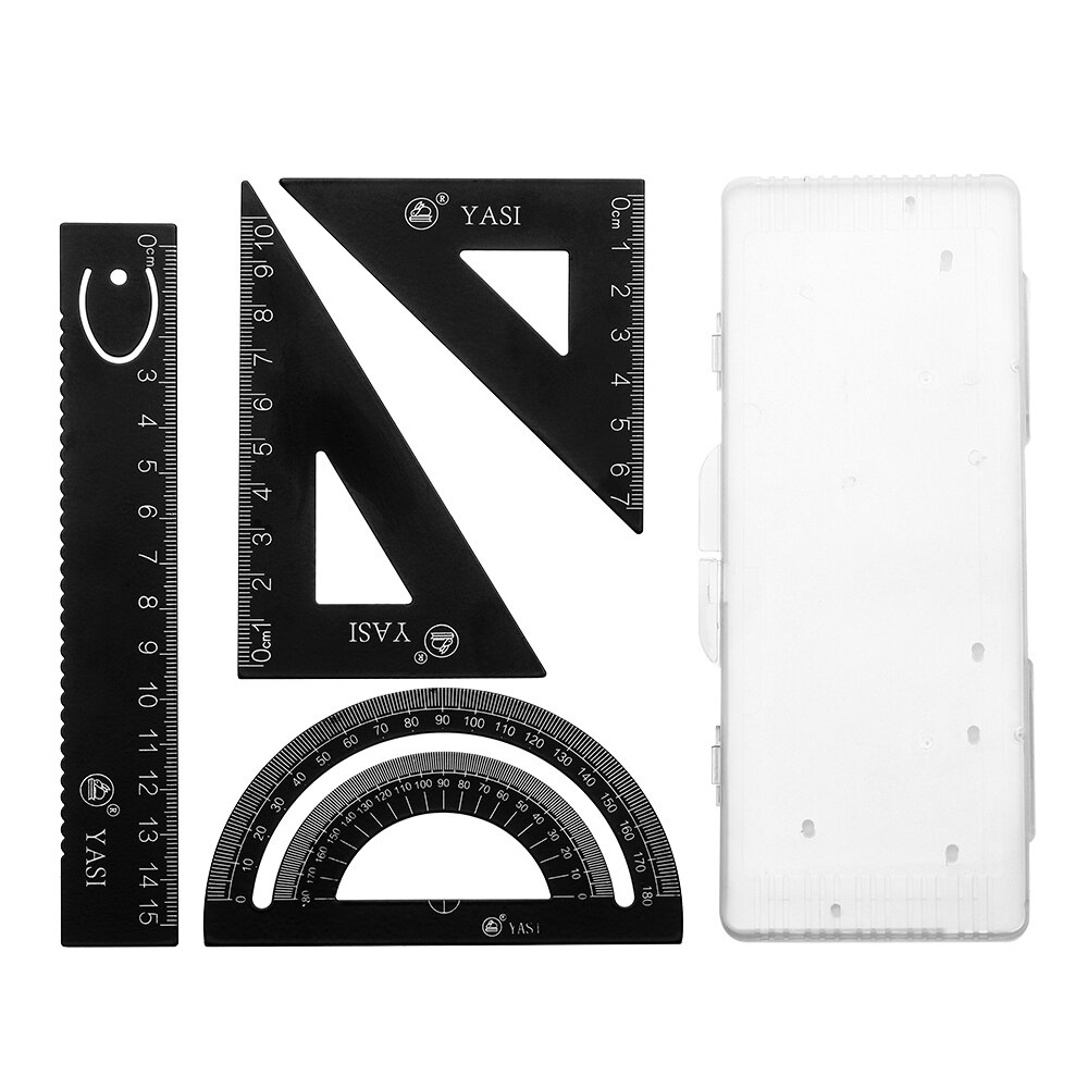 Règle de dessin d'alliage d'aluminium de 4 pièces/ensemble mesurant la règle de Triangle de géométrie étudiants avec la règle de mesure de rapporteur de plaque de Triangle: Black