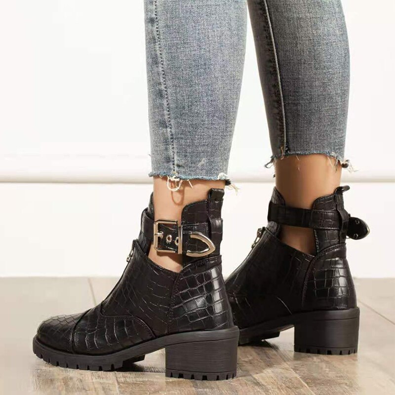 Woman Platform Boots Ladies Motorcycle Cowboy Boots Women PU Leather High Heels Short Booties Ankle Botas Zipper Shoes