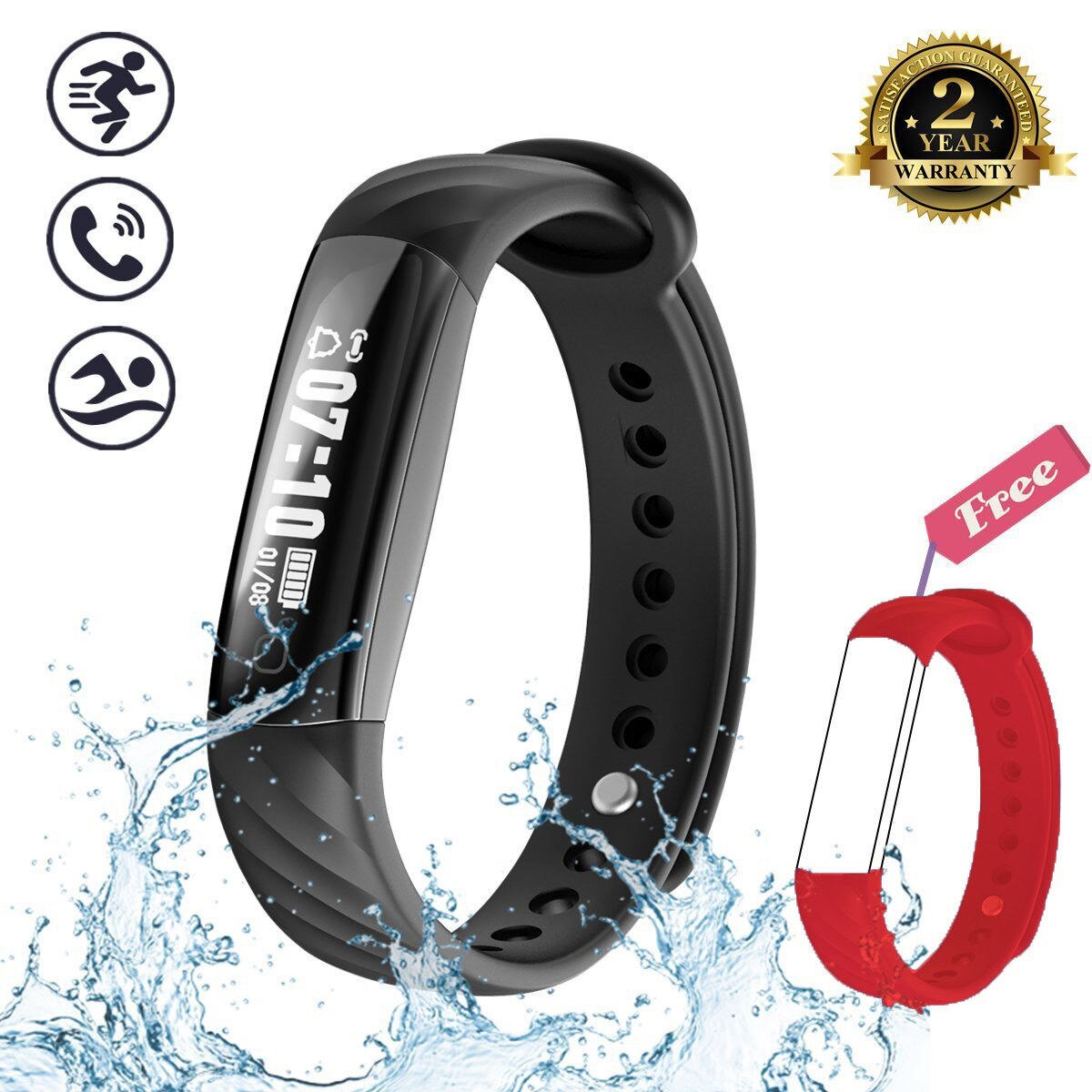 Inseguitore di Fitness Impermeabile, KENCOOL Sottile Activity Tracker Vigilanza di Forma Fisica Braccialetto Intelligente Pedometro Bluetooth Wristband di Sport Del Regalo: Black - red band