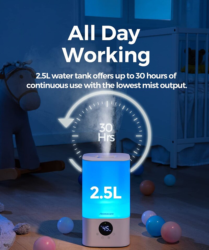 Aromacare 2.5L Cool Mist Air Humidifier with Essential Oil Diffuser Ultrasonic Top Fill Humidifier for Bedroom Baby Kids Plant