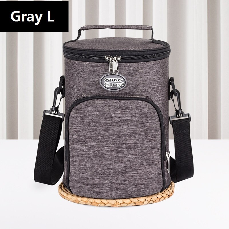 Cylindrical Lunch Box Cooler Bag Picnic Waterproof Oxford Aluminum Foil Food Refrigerator Car Camping Thermal Insulation Bags: Gray L