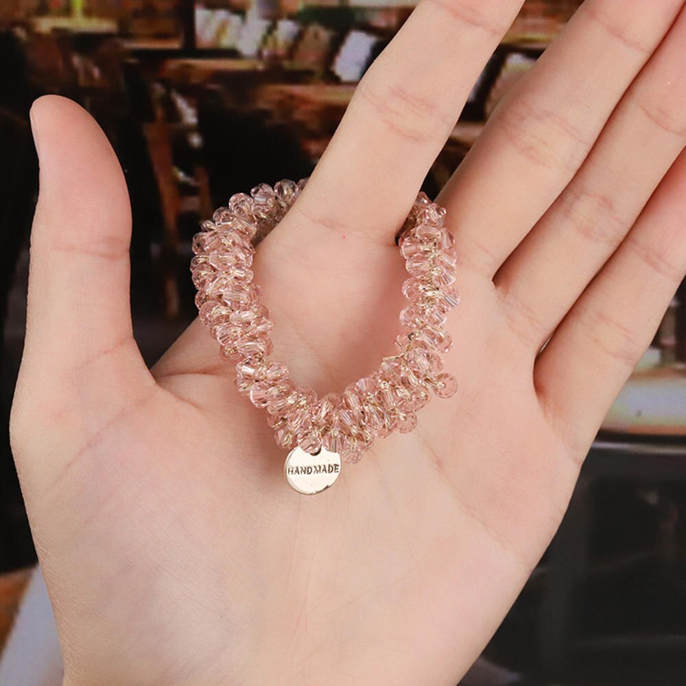 Anneaux de cheveux en perles de cristal pour femmes, attaches de perles, supports de queue de cheval, accessoires pour cheveux, bande élastique pour cheveux, chouchous pour filles, bracelet: Rose
