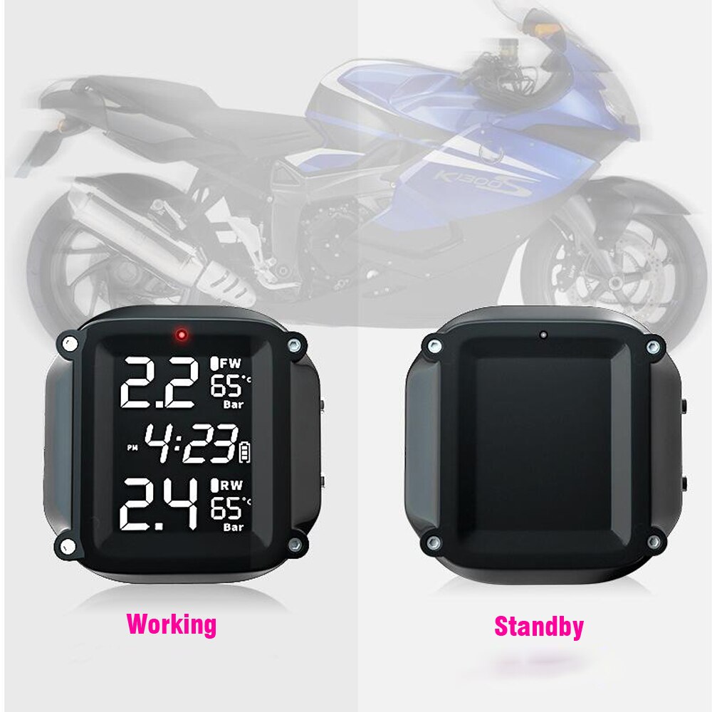 Wireless Motorcycle TPMS Tire Pressure Monitoring System 2pcs External Sensor LCD Time Display Tyre Temperature Monitor Alarm