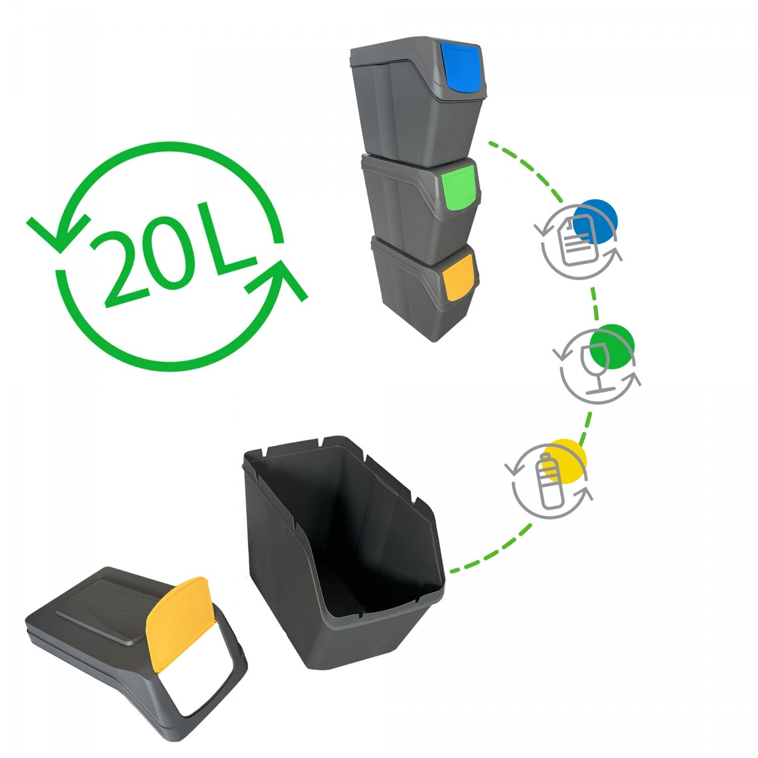 Prosperplast Sortibox Afval Bin Afval Scheiding Systeem Container Badkamer Keuken (3x2 0L/3x2 5L/4x2 0L/4x25L Of 2x25L + 2x35L Grijs)