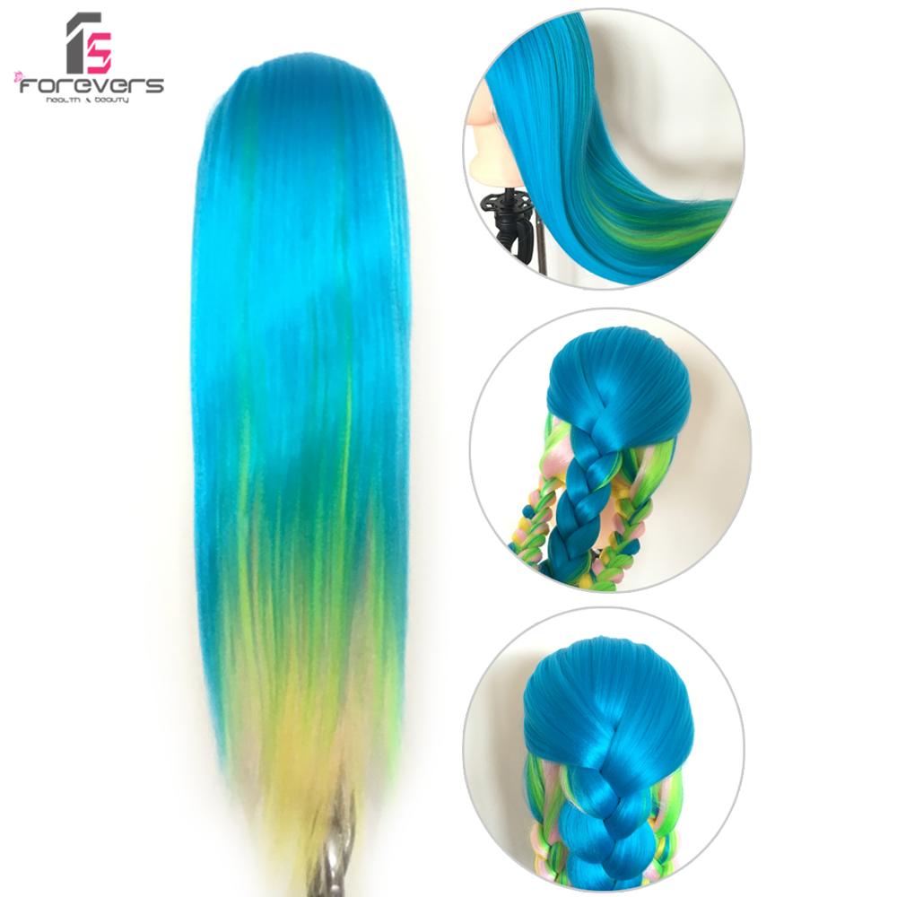 22” Salon Hairdressing Colorful Long Hair Mannequin Doll Training Head Blue Green + Free Clamp