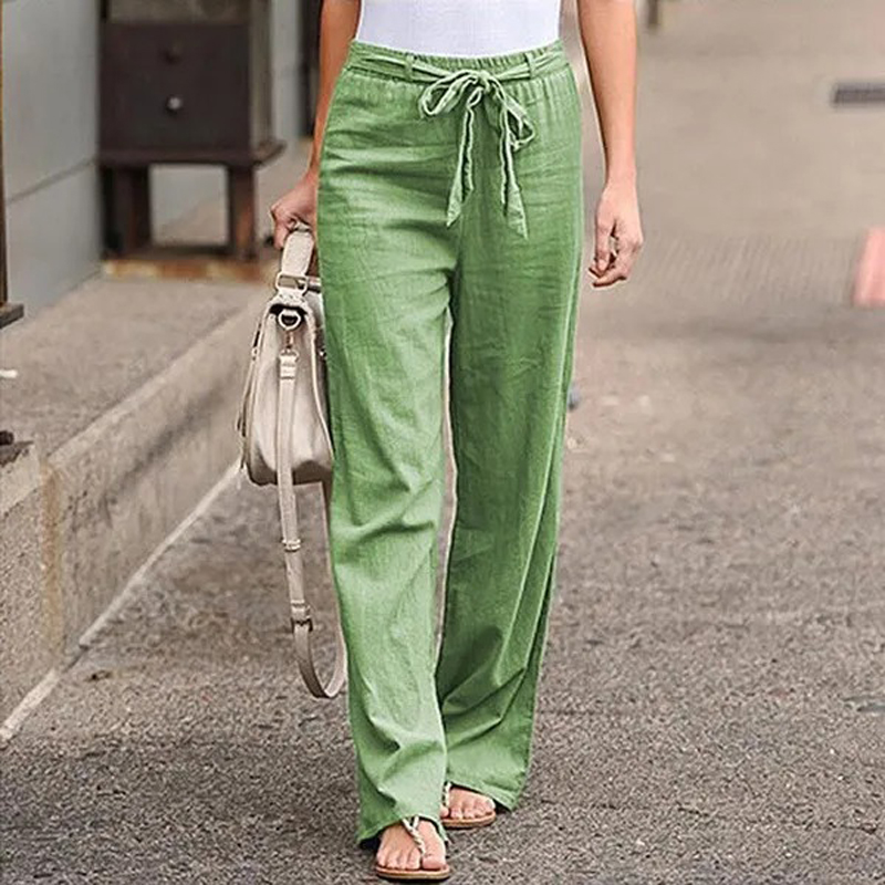 Women Solid Long Pants Women Casual Loose Cotton Linen Lace Up Elastic Waist Wide Leg Trousers Ladies Streetwear Straight Pants: L / green