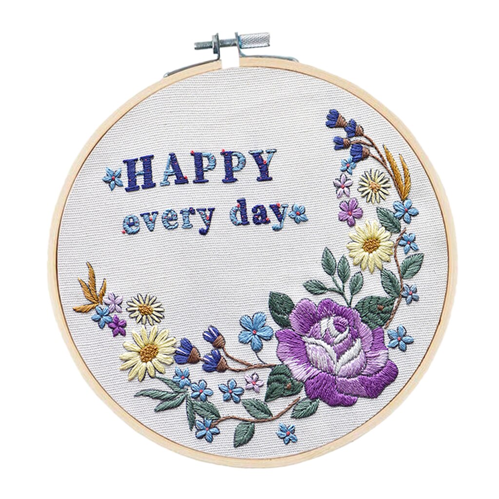 Embroidery Kit (Flowers Happy Every Day) DIY Embroidery Hoop Cross Stitch