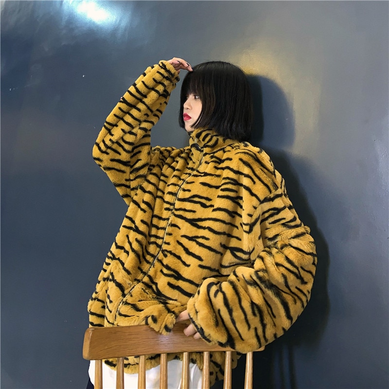 Focal20 Streetwear Zebra Tijger Patroon Vrouwen Rits Jas Retro Winter Warm Vrouwen Jassen Mode Pluche Rits Pocket Jassen