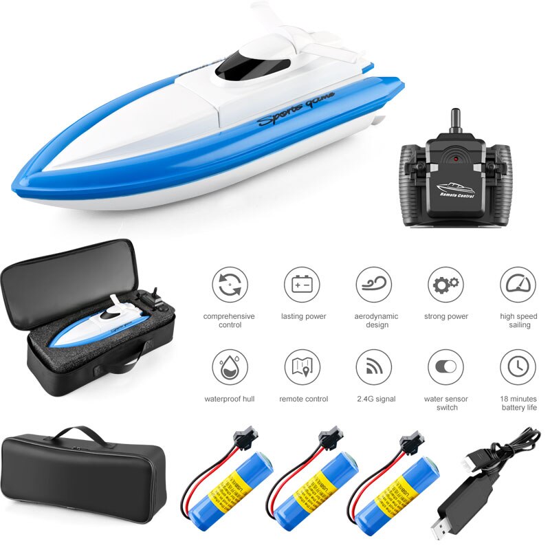 upgrade 2.4GHZ RC Boat 4CH 20Km/h Remote Control Boat High Speed Yacht 80-100M Remote Control Distance for children: Blue 3 Battery