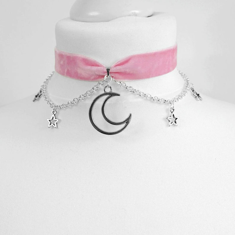 Black Crescent Moon Choker Necklace Gothic Grunge Black Velvet Jewelry Gorgeous Women Pendant Gothic Statement Goth: Rhodium Plated