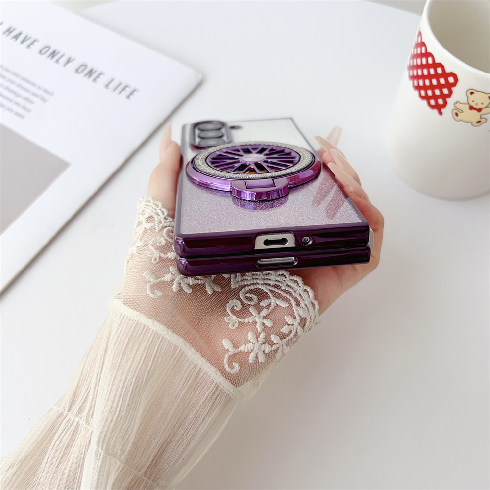 Étui de luxe avec support de toupie pour Samsung Galaxy Z Fold 6 5 4 3 ZFold6 ZFold5, couvercle magnétique Magsafe dégradé de paillettes